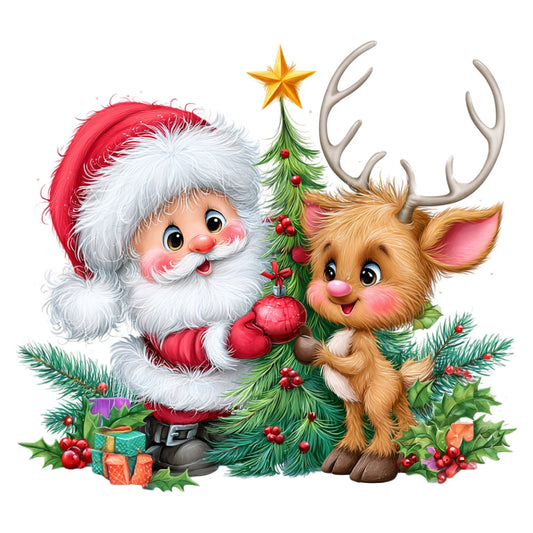 santa claus, reindeer, christmas, holiday, red and white, forest green, gold star, festive, whimsical, cheerful, cute characters, vintage style, traditional christmas, jolly, decorative panel, gift boxes, ornaments, holly berries, pine branches, winter, seasonal, children's, playful, retro illustration, classic christmas, warm colors, nostalgic, family friendly, decorative art