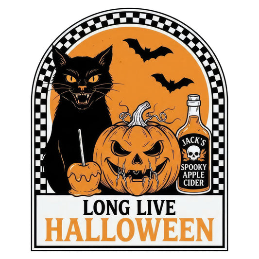 halloween, black cat, jack-o-lantern, pumpkin, bats, orange, black, spooky, autumn, fall, holiday, candy apple, cider bottle, horror, gothic, trick-or-treat, festive, seasonal, whimsical, dark, creepy, witchy, haunted, checkered border, vintage halloween, retro style, novelty print, party theme, decorative panel, wall hanging
