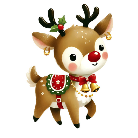 reindeer, rudolph, christmas, holiday, festive, whimsical, cute, adorable, red nose, gold bells, holly, winter, seasonal, children, kids, nursery, baby, sweet, charming, cream white, tan brown, red, forest green, gold accents, cheerful, playful, decoration, festive cheer