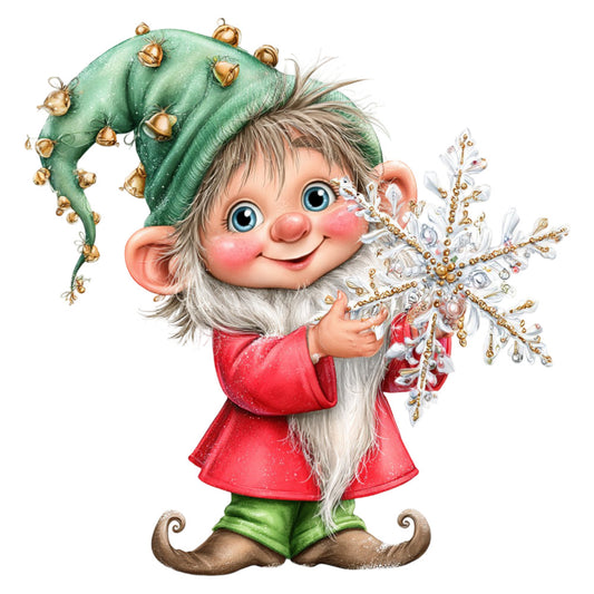 festive elf, christmas, holiday, winter, whimsical, fantasy, magical, red, forest green, mint green, gold, cheerful, joyful, seasonal decoration, christmas gnome, ornamental bells, snowflakes, sparkly, glittery, children's, playful, traditional christmas, nostalgic, decorative panel, wall hanging, christmas crafts, jolly character, festive spirit