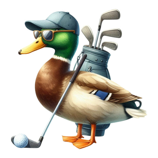 golf duck, mallard, sports themed, animal motifs, whimsical, humorous, blue cap, orange feet, yellow bill, forest green, tan, cream, brown, navy blue, golf clubs, golf ball, sporty, playful, funny animals, character design, casual style, summer, leisure, sporting goods, novelty print, cartoon style, comic illustration, light hearted