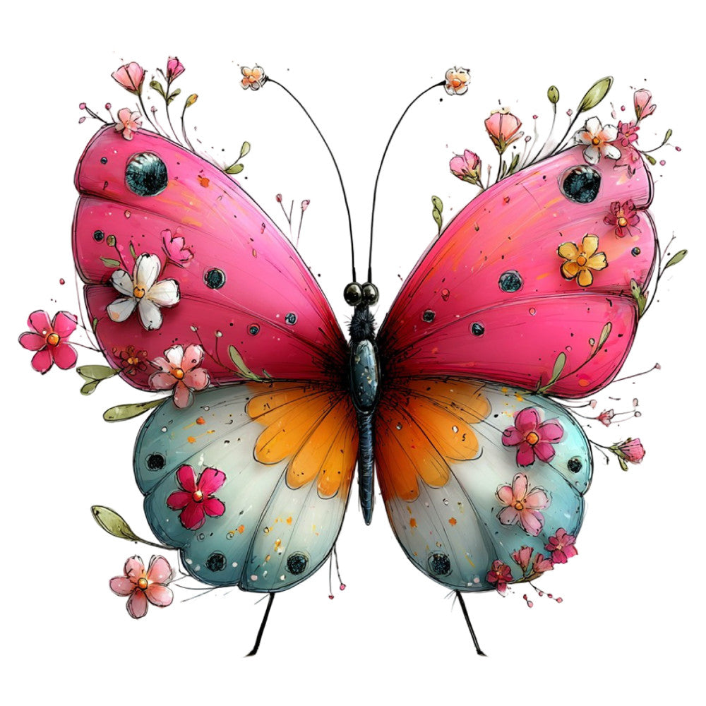 butterfly, pink, hot pink, coral pink, orange, golden yellow, teal blue, sage green, floral, flowers, nature, whimsical, artistic, watercolor, botanical, spring, summer, garden, insects, delicate, elegant, modern, decorative, children's, playful, feminine, fantasy, painted, detailed, vibrant
