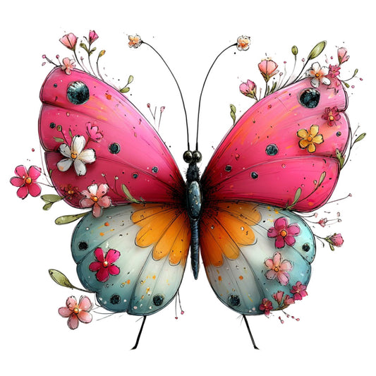 butterfly, pink, hot pink, coral pink, orange, golden yellow, teal blue, sage green, floral, flowers, nature, whimsical, artistic, watercolor, botanical, spring, summer, garden, insects, delicate, elegant, modern, decorative, children's, playful, feminine, fantasy, painted, detailed, vibrant