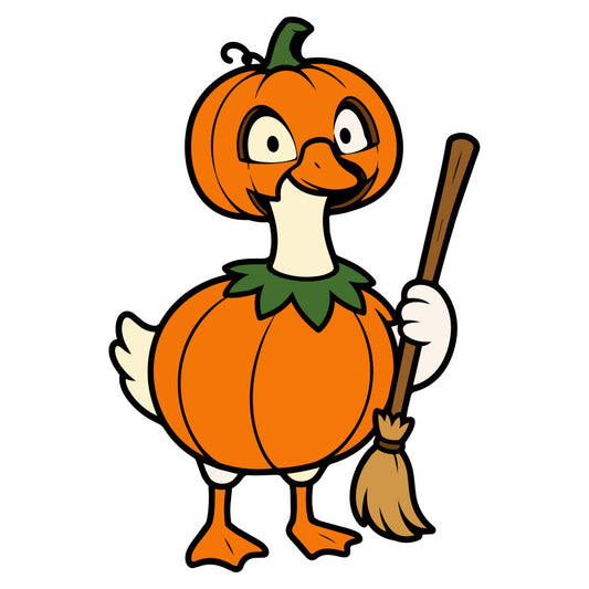 halloween, pumpkin, orange, green, cream, brown, fall, autumn, seasonal, holiday, festive, spooky, whimsical, cute, cartoon, character, duck, bird, witch hat, broomstick, trick or treat, october, harvest, decorative, playful, children's, novelty, fun, themed fabric