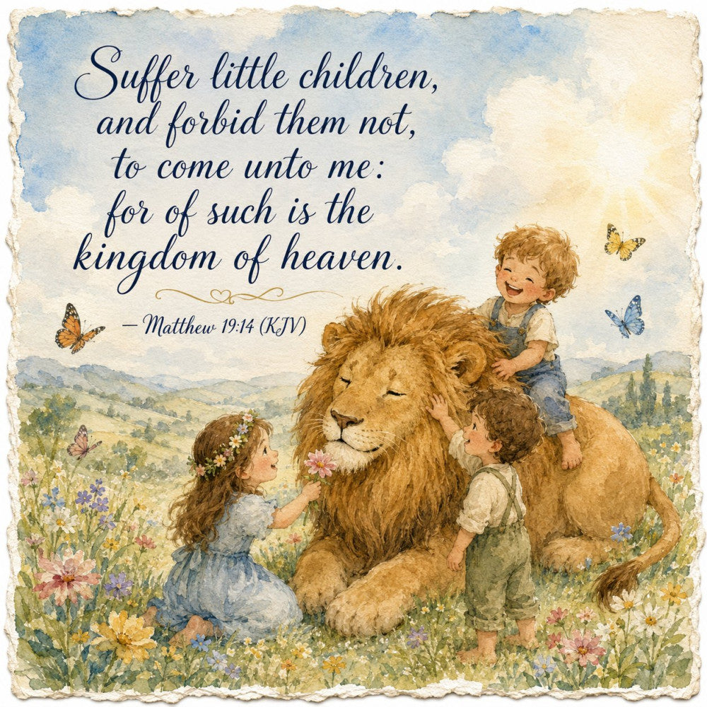 children, lion, animals, wildlife, religious, scripture, biblical, heaven, kingdom, vintage, whimsical, storybook, illustration, fairy tale, soft colors, cream, soft blue, golden tan, pale yellow, butterflies, wildflowers, pastoral, nature, landscape, spring, inspirational, nursery, baby, peaceful, gentle