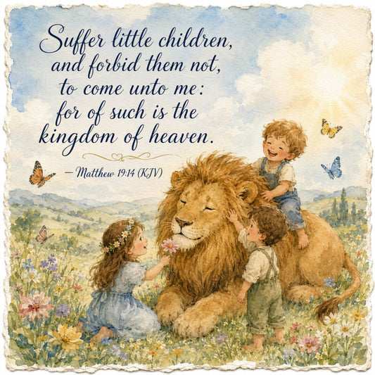 children, lion, animals, wildlife, religious, scripture, biblical, heaven, kingdom, vintage, whimsical, storybook, illustration, fairy tale, soft colors, cream, soft blue, golden tan, pale yellow, butterflies, wildflowers, pastoral, nature, landscape, spring, inspirational, nursery, baby, peaceful, gentle