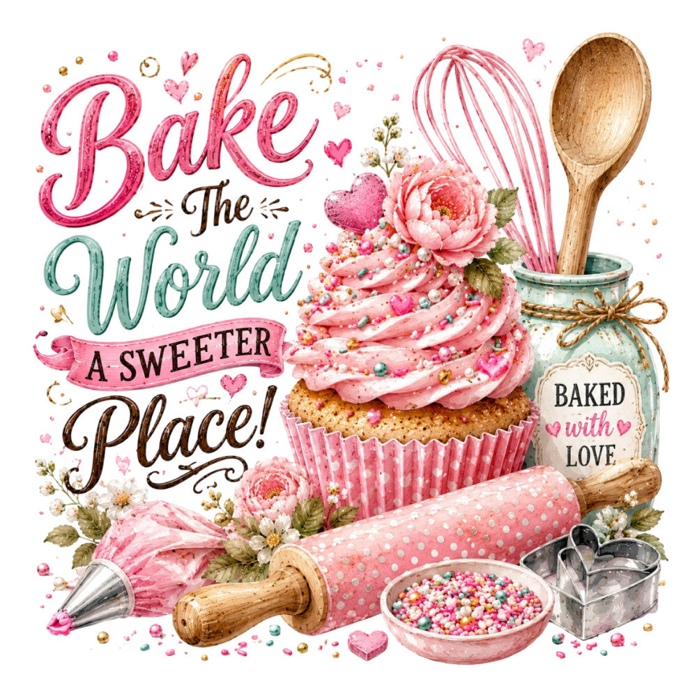 baking, cupcakes, whimsical, roses, pink, cream, sage green, hearts, vintage, flowers, kitchen, baked with love, decorative, floral, pastry, baking tools, rolling pin, whisk, cookie cutters, pearls, botanical, romantic, cottage core, inspirational quotes, spring, sweet, culinary themed, rustic, elegant