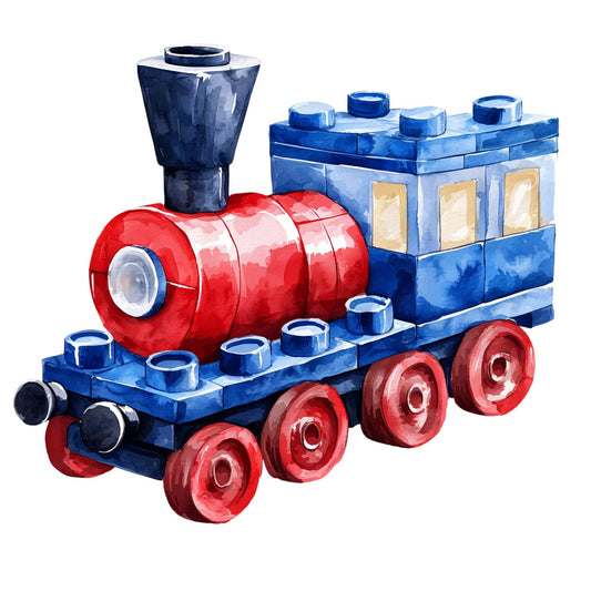 blue, red, navy, watercolor style, toy train, locomotive, building blocks, children's fabric, playful design, transportation theme, vintage train, fabric panel, quilting cotton, nursery decor, kids room, whimsical illustration, primary colors, toy design, craft fabric, steam engine
