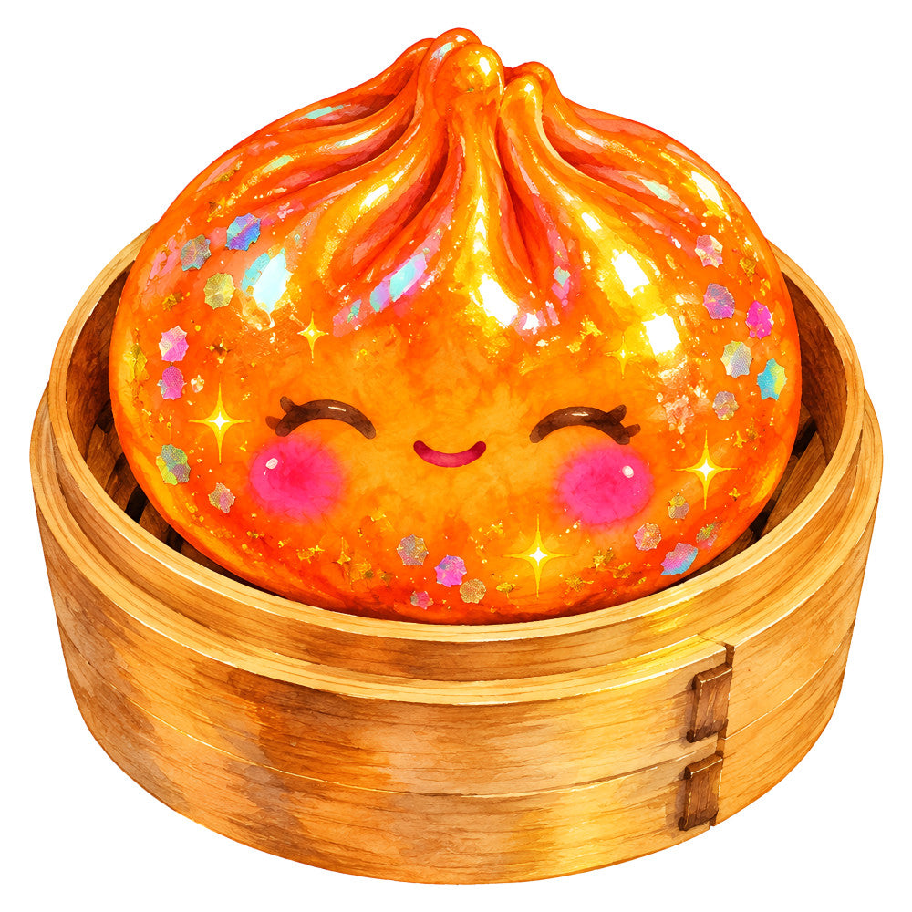 orange, golden yellow, bright red, hot pink, coral pink, sparkle, glitter, shiny, cute face, happy expression, kawaii, asian cuisine, dumpling, food, playful, whimsical, modern, cheerful, stars, sparkles, blushing cheeks, closed eyes smiling, bamboo steamer, dim sum, asian inspired, children, kids, novelty, food themed, festive
