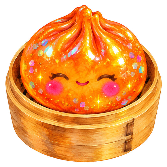 orange, golden yellow, bright red, hot pink, coral pink, sparkle, glitter, shiny, cute face, happy expression, kawaii, asian cuisine, dumpling, food, playful, whimsical, modern, cheerful, stars, sparkles, blushing cheeks, closed eyes smiling, bamboo steamer, dim sum, asian inspired, children, kids, novelty, food themed, festive