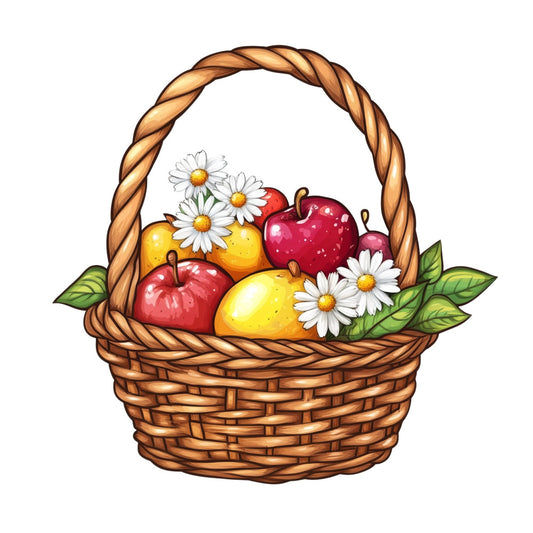 woven basket, red apples, yellow apples, white daisies, spring flowers, harvest, farmhouse, rustic, countryside, nature, fruit, floral, garden, pastoral, wicker basket, golden yellow, deep red, burgundy, cream white, yellow gold, green leaves, traditional, cheerful, bright colors, fruit basket, spring florals, summer harvest, botanical, picnic theme, folk art style