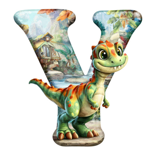 dinosaur, green, orange, yellow, blue, tropical, jungle scene, cartoon style, friendly character, fabric panel, quilting cotton, children's fabric, letter y, alphabet theme, prehistoric, adventure, whimsical, bright colors, nature background, kid-friendly