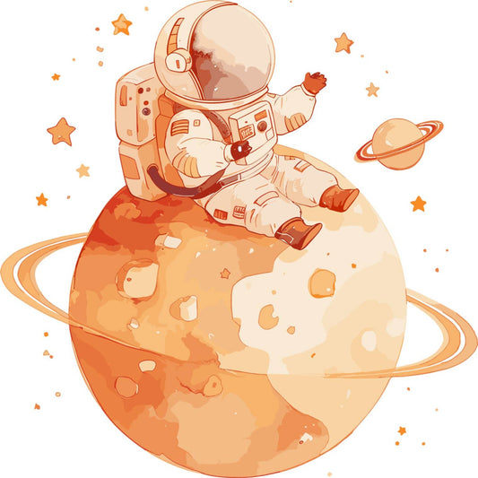 astronaut, space explorer, orange, cream, peach, tan, celestial, stars, planets, saturn, moon, whimsical, playful, children's, kids, baby, adventure, cosmic, exploration, modern, illustrated, cartoon, space theme, waving astronaut, planet rings, starfield, nursery, gender neutral, outer space
