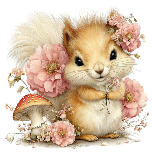 cute animals, fluffy bunny, guinea pig, woodland creatures, pink flowers, peonies, daisies, mushroom, toadstool, whimsical, sweet, gentle, soft pastels, cream, tan, brown, dusty rose, coral pink, spring, floral, nature, children's, baby, nursery, storybook illustration, vintage illustration, cottage core, fairy tale, garden themed, animal portrait