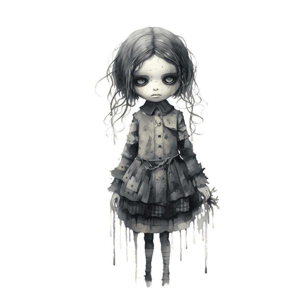 gothic, dark fantasy, whimsical, grayscale, charcoal gray, pale white, black, monochrome, illustration, character design, doll, haunting, ethereal, Victorian, steampunk, goth aesthetic, dark romance, melancholic, mysterious, shadowy, artistic, macabre, alternative fashion, creepy cute, emotional, expressive, portrait, figure illustration, contemporary