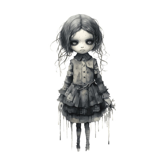 gothic, dark fantasy, whimsical, grayscale, charcoal gray, pale white, black, monochrome, illustration, character design, doll, haunting, ethereal, Victorian, steampunk, goth aesthetic, dark romance, melancholic, mysterious, shadowy, artistic, macabre, alternative fashion, creepy cute, emotional, expressive, portrait, figure illustration, contemporary