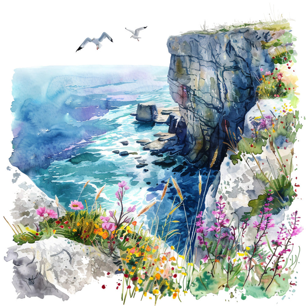 watercolor painting, coastal scene, ocean waves, rocky cliffs, seagulls flying, wildflowers, fabric panel, summer landscape, blue water, purple flowers, green foliage, white cliffs, nature scene, seaside view, floral elements, soft brushstrokes, aquatic blues, lavender hues, quilting cotton, artistic print