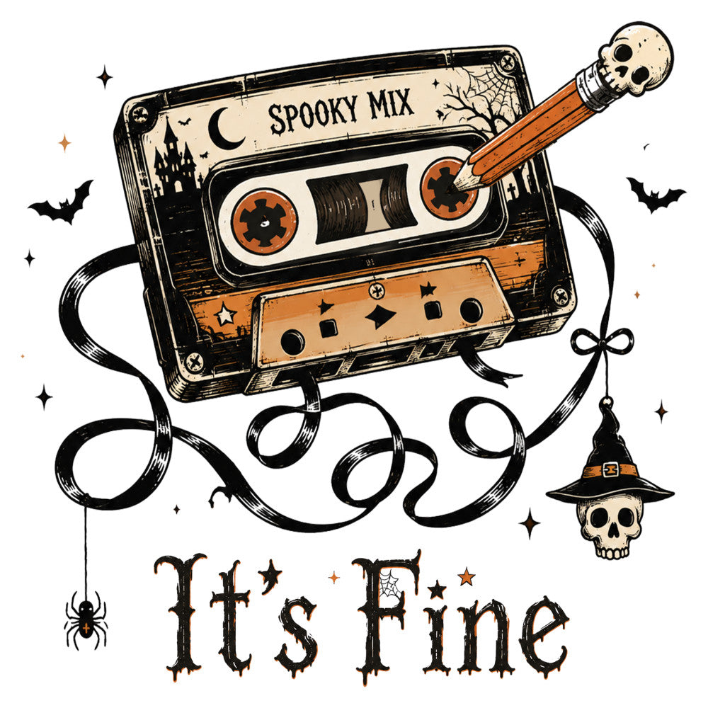 halloween, spooky, cassette tape, vintage, retro, orange, black, cream, skull, witch hat, bats, spider, moon, haunted house, "it's fine", gothic, 1980s, nostalgic, music themed, horror, october, autumn, whimsical, dark academia, skeleton, witchy, edgy, alternative, indie, quirky