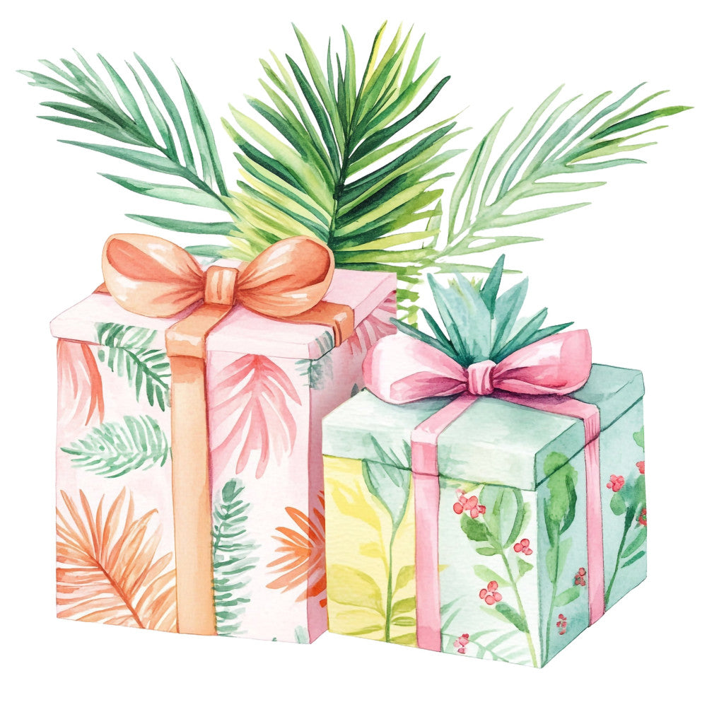 coral pink, peach, sage green, forest green, yellow, tropical, botanical, palm leaves, floral, gift boxes, presents, festive, whimsical, nature, summer, spring, vibrant, colorful, bright, leaves, flowers, berries, elegant, cheerful, celebration, gift wrap inspired, decorative, fun, playful