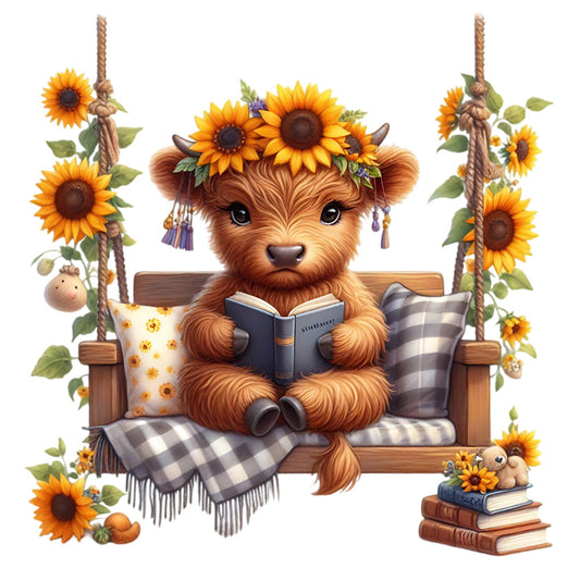Sunflower Highland Cows Fabric Panel 17 featuring a cute calf with sunflower crown reading on a floral swing made of premium quilting cotton