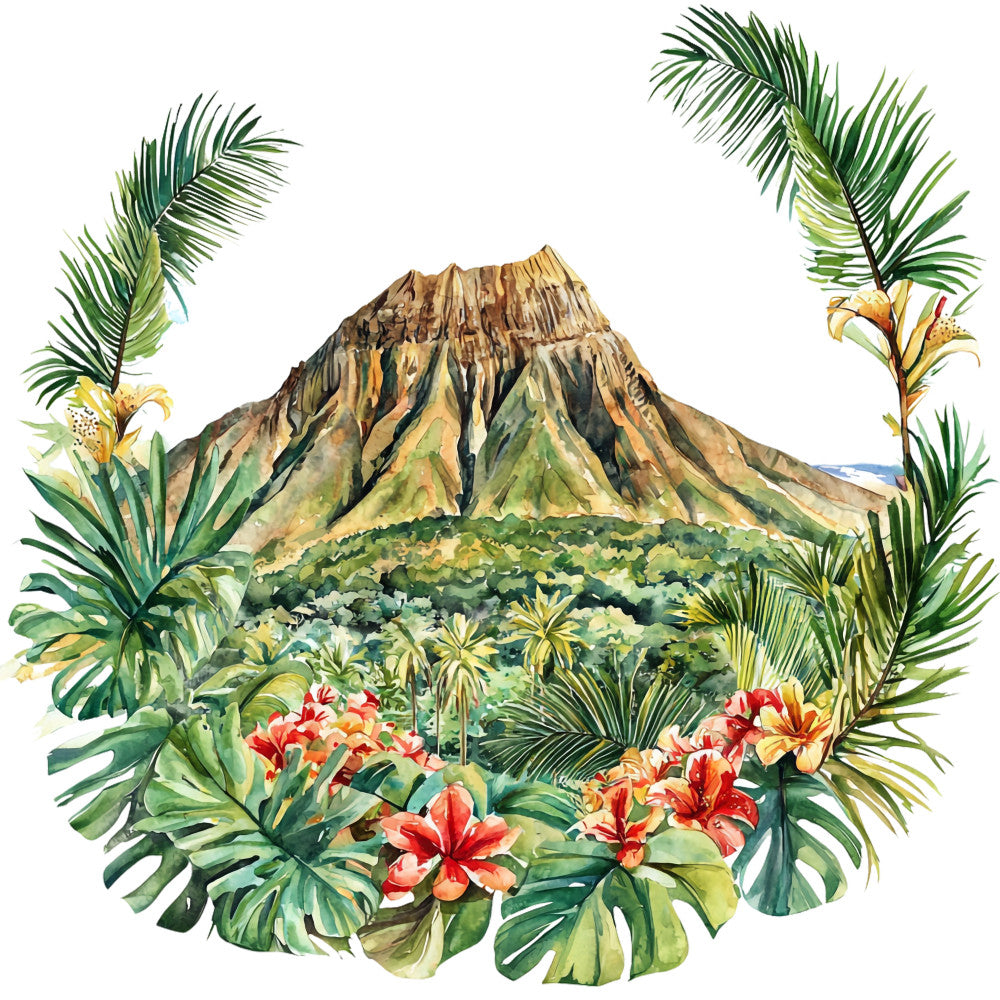 tropical paradise, volcano mountain, hibiscus flowers, palm fronds, monstera leaves, watercolor style, botanical illustration, hawaiian landscape, coral red, emerald green, golden yellow, forest green, tropical foliage, island scenery, fabric panel, quilting cotton, nature motifs, exotic plants, vibrant florals, circular composition