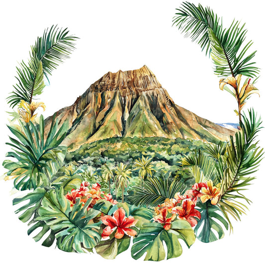 tropical paradise, volcano mountain, hibiscus flowers, palm fronds, monstera leaves, watercolor style, botanical illustration, hawaiian landscape, coral red, emerald green, golden yellow, forest green, tropical foliage, island scenery, fabric panel, quilting cotton, nature motifs, exotic plants, vibrant florals, circular composition