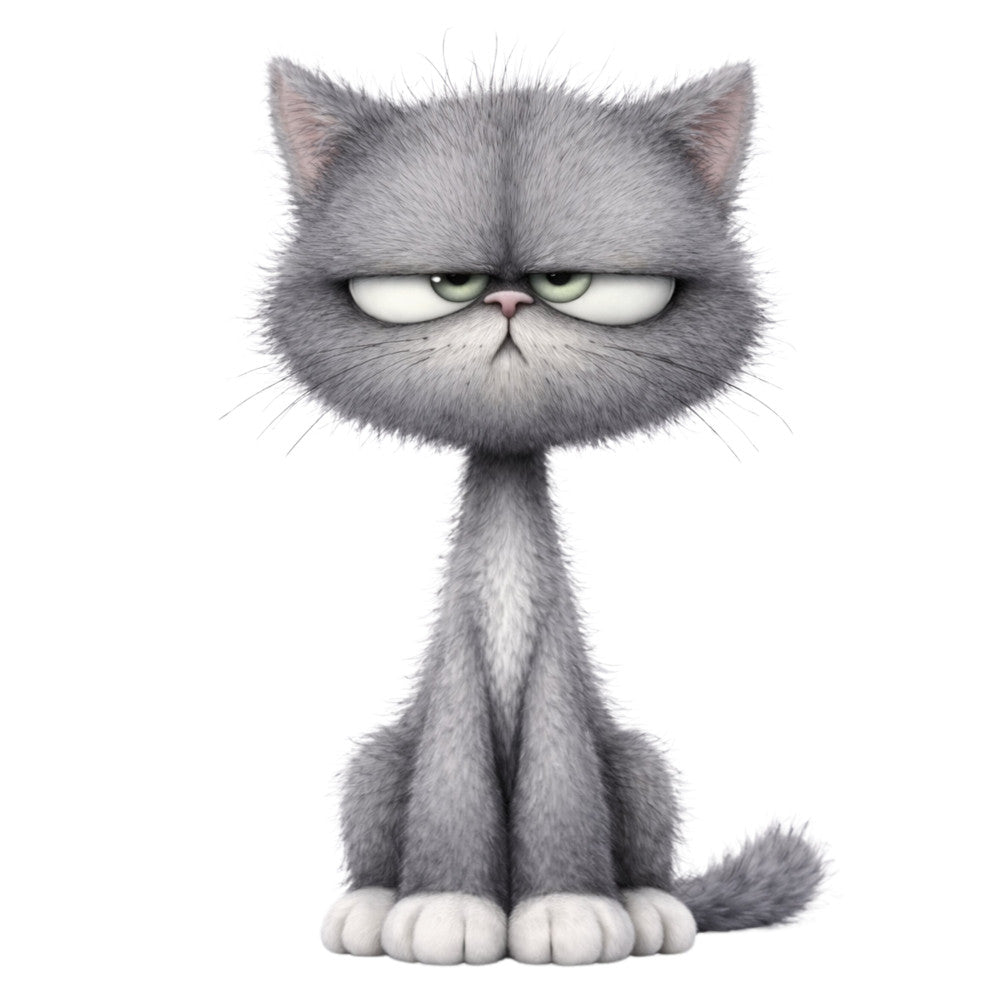 gray cat, grumpy cat, cute cat, cat face, animal panel, grey tabby, cat illustration, whimsical cat, funny cat, expressionless cat, unimpressed cat, sarcastic cat, cat lover, kitty, feline, charcoal gray, light gray, white paws, green eyes, cat motif, humorous animals, cartoon cat, modern animal, contemporary pet, cat themed, children's fabric, playful design, pet portrait, standalone panel, decorative panel