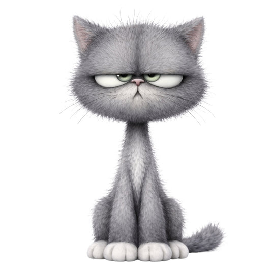 gray cat, grumpy cat, cute cat, cat face, animal panel, grey tabby, cat illustration, whimsical cat, funny cat, expressionless cat, unimpressed cat, sarcastic cat, cat lover, kitty, feline, charcoal gray, light gray, white paws, green eyes, cat motif, humorous animals, cartoon cat, modern animal, contemporary pet, cat themed, children's fabric, playful design, pet portrait, standalone panel, decorative panel