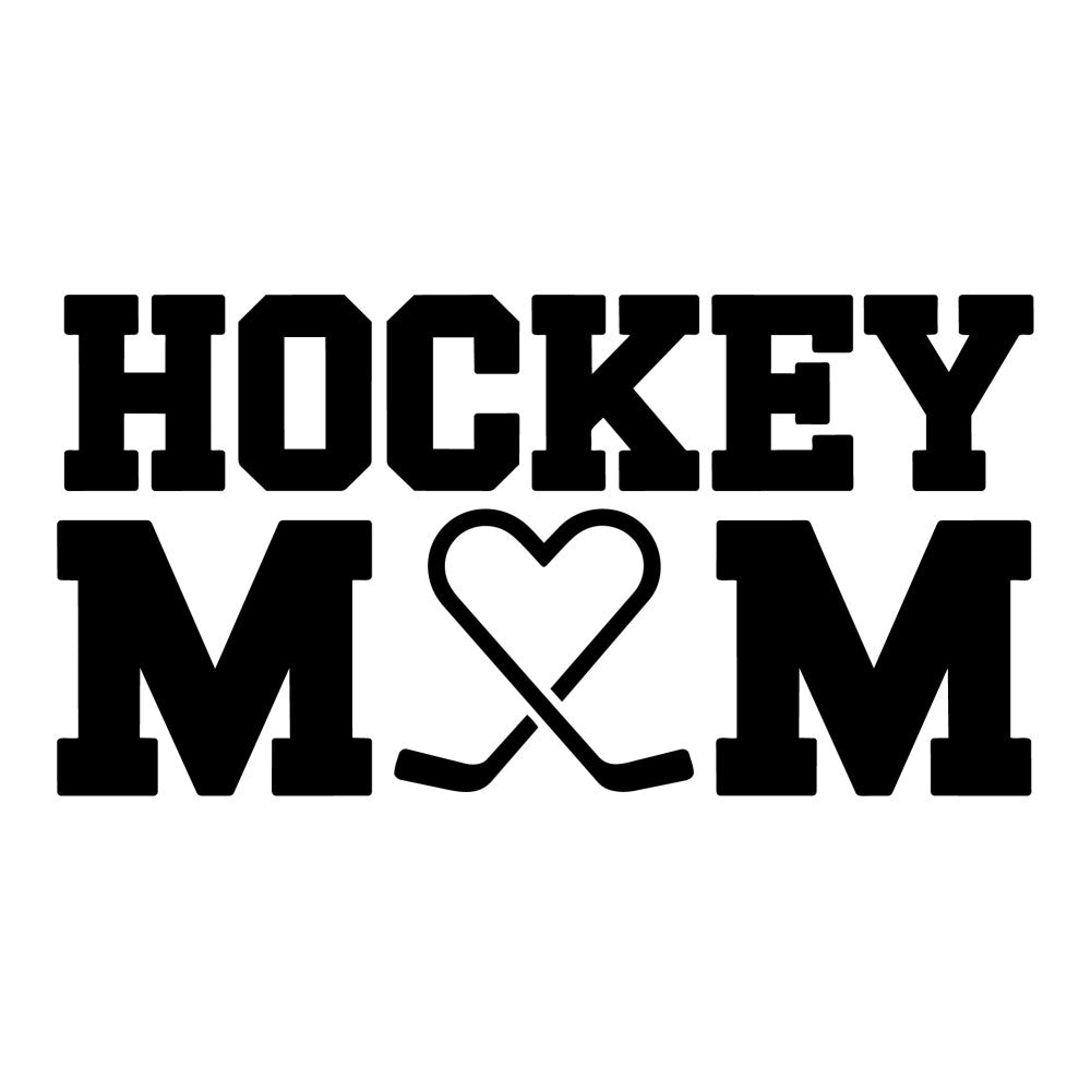hockey mom, black and white, sports, heart motif, hockey sticks, mother's day, sports fan, athletic, casual style, modern, bold text, typography, hobby themed, sports themed, gift for mom, ice hockey, parent appreciation, black, white background, statement design, sports apparel, fan wear, athletic mom, hockey lover, contemporary style, inspirational, family themed, casual wear