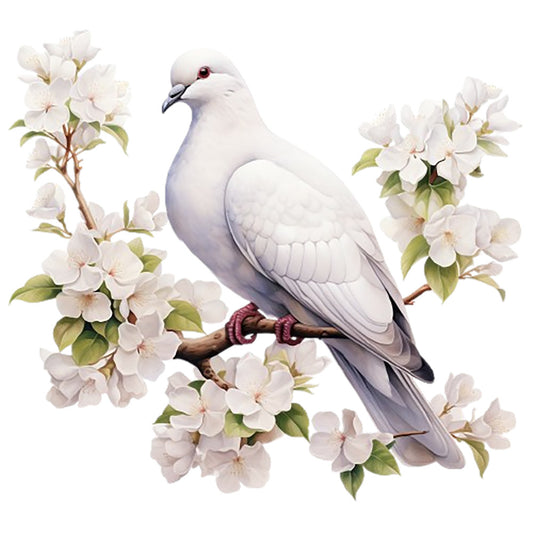 Spring White Doves Fabric Panel 1 featuring a detailed white dove perched on a branch with blooming white flowers on premium quilting cotton.