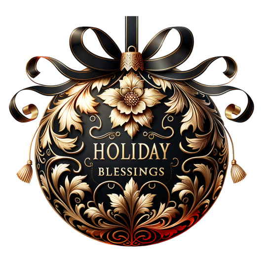 black, gold, bronze, copper, christmas ornament, baroque flourishes, ornate scrollwork, floral motifs, decorative bow, ribbon design, holiday blessings, elegant styling, luxurious finish, fabric panel, quilting cotton, festive theme, winter celebration, ornamental patterns, metallic accents, sophisticated artwork