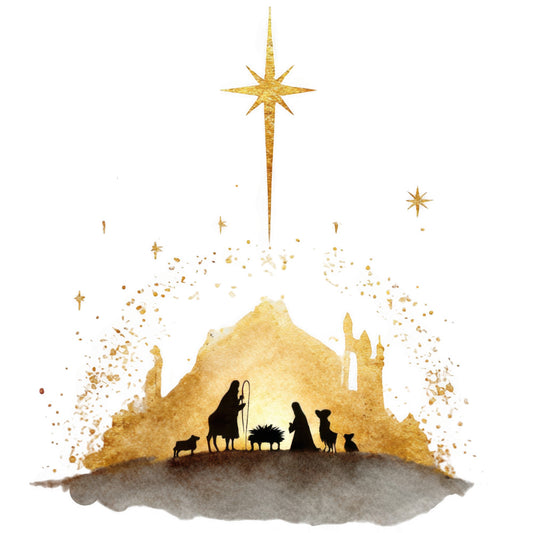 gold, nativity scene, watercolor style, silhouettes, star of bethlehem, mary, joseph, baby jesus, manger, sheep, wise men, fabric panel, christmas, religious, golden yellow, brown, black silhouettes, biblical scene, holiday fabric, quilting cotton