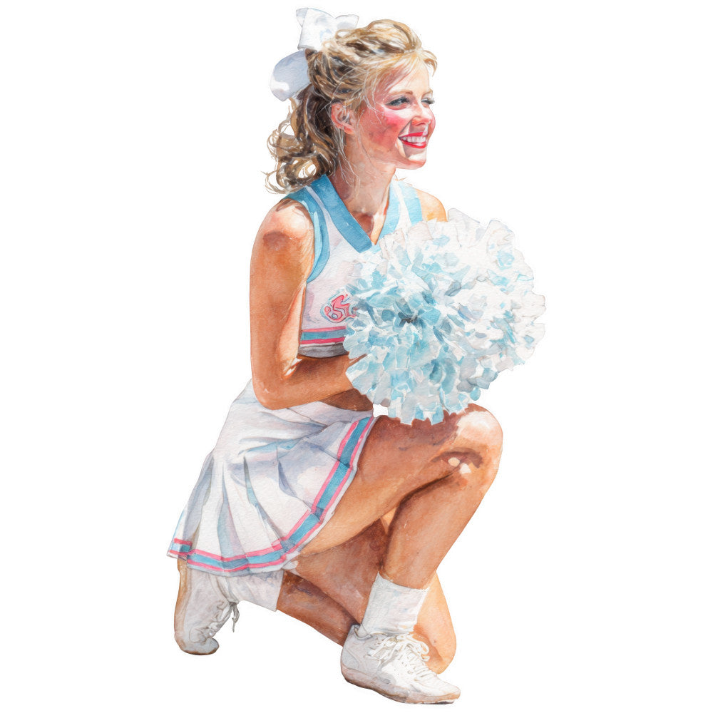 cheerleader, vintage, retro, 1950s, blue and white, pink and blue, coral pink, sky blue, white, striped, pom-poms, sports, athletic, nostalgic, americana, fun, playful, whimsical, mid-century, kitschy, kitsch, novelty, figurative, character, girl, woman, summer, spring, colorful, bright