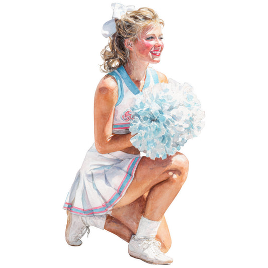 cheerleader, vintage, retro, 1950s, blue and white, pink and blue, coral pink, sky blue, white, striped, pom-poms, sports, athletic, nostalgic, americana, fun, playful, whimsical, mid-century, kitschy, kitsch, novelty, figurative, character, girl, woman, summer, spring, colorful, bright