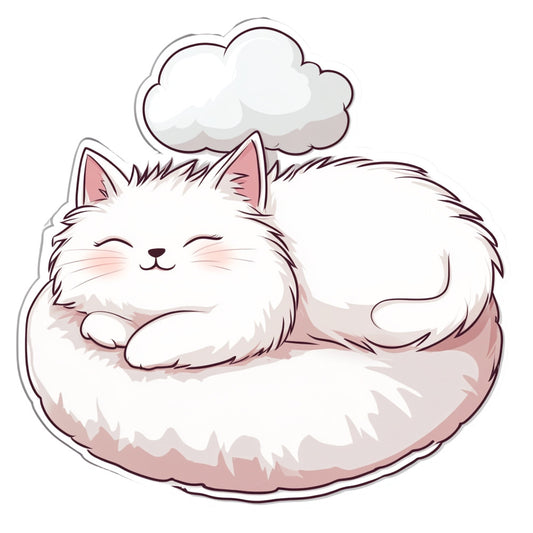 white cat, fluffy cat, sleeping cat, cute cat, animal, cloud, dreamy, whimsical, soft, pastel pink, blush pink, dusty rose, white, gray, kawaii, child-friendly, baby, nursery, cozy, comfort, peaceful, serene, fantasy, illustration, cartoon style, playful, sweet, gentle, fairy tale
