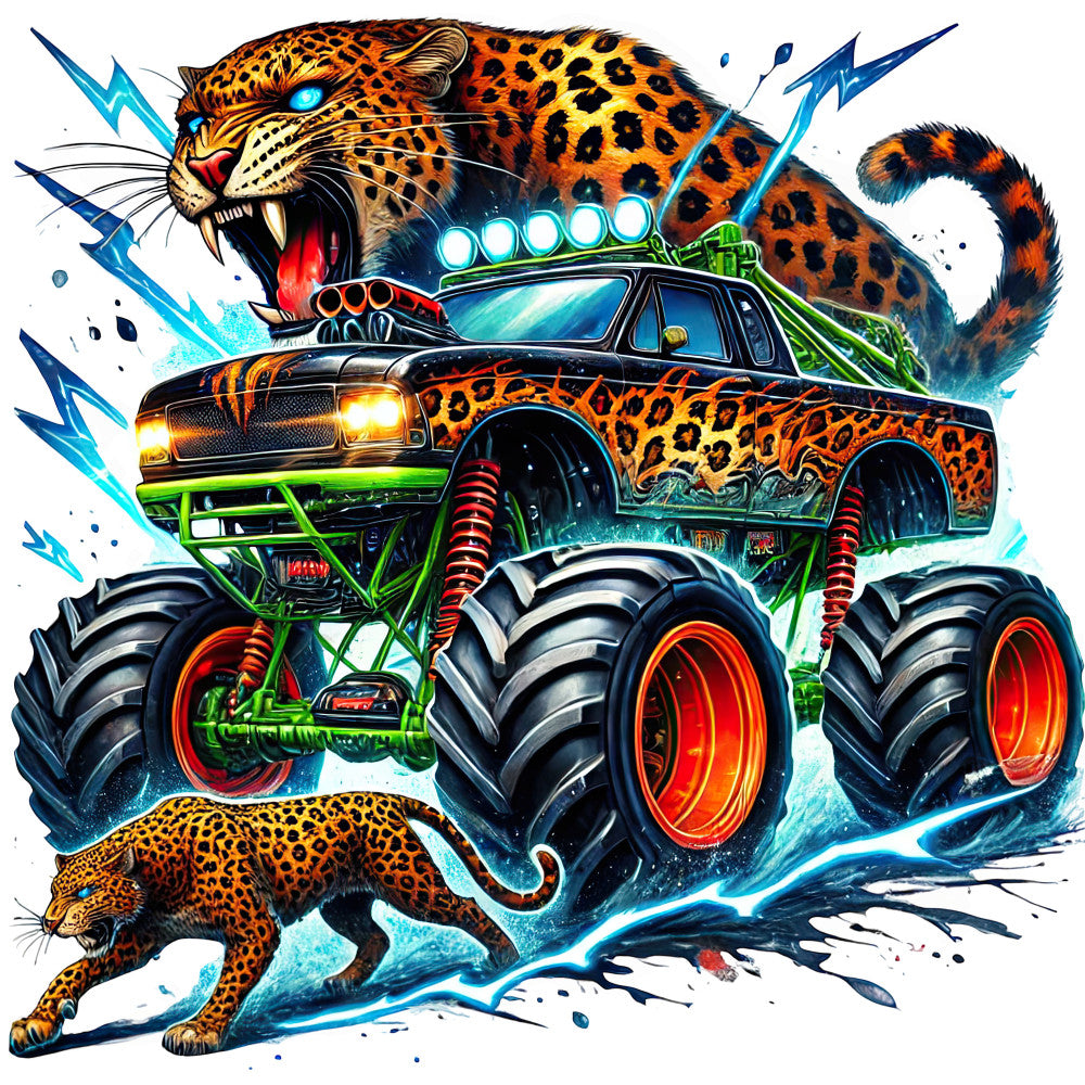 monster truck, leopard print, spotted cat, jungle animals, wild cat, neon green, bright orange, electric blue, lightning bolts, animal print, power vehicle, dramatic action, bold graphics, vibrant colors, metallic accents, automotive theme, predator animals, roaring beast, extreme sports, high energy, modern edgy, boys quilt, adventure theme, nature meets machine, wild style, graphic design, intense colors, large scale print, statement design, wall art