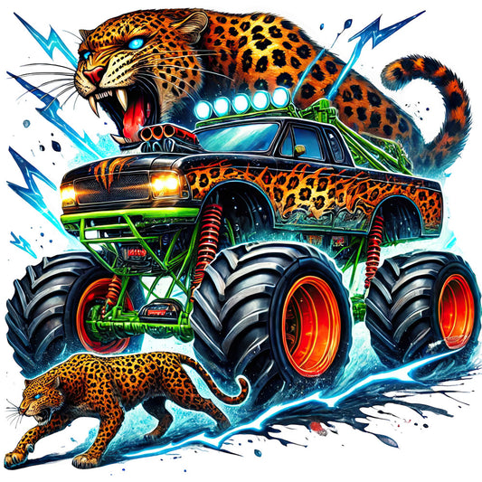 monster truck, leopard print, spotted cat, jungle animals, wild cat, neon green, bright orange, electric blue, lightning bolts, animal print, power vehicle, dramatic action, bold graphics, vibrant colors, metallic accents, automotive theme, predator animals, roaring beast, extreme sports, high energy, modern edgy, boys quilt, adventure theme, nature meets machine, wild style, graphic design, intense colors, large scale print, statement design, wall art