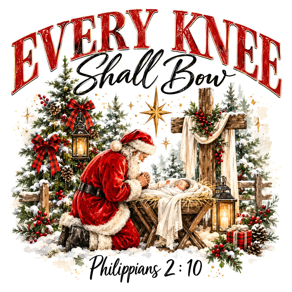 every knee shall bow, christmas, religious, nativity, santa, baby jesus, manger, cross, gold stars, red, cream, forest green, plaid bows, lanterns, evergreen trees, pine cones, berries, rustic, traditional, vintage, holiday, winter, inspirational, faith-based, nativity scene, celestial stars, farmhouse christmas, festive, spiritual, biblical verse