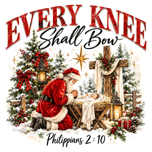 every knee shall bow, christmas, religious, nativity, santa, baby jesus, manger, cross, gold stars, red, cream, forest green, plaid bows, lanterns, evergreen trees, pine cones, berries, rustic, traditional, vintage, holiday, winter, inspirational, faith-based, nativity scene, celestial stars, farmhouse christmas, festive, spiritual, biblical verse