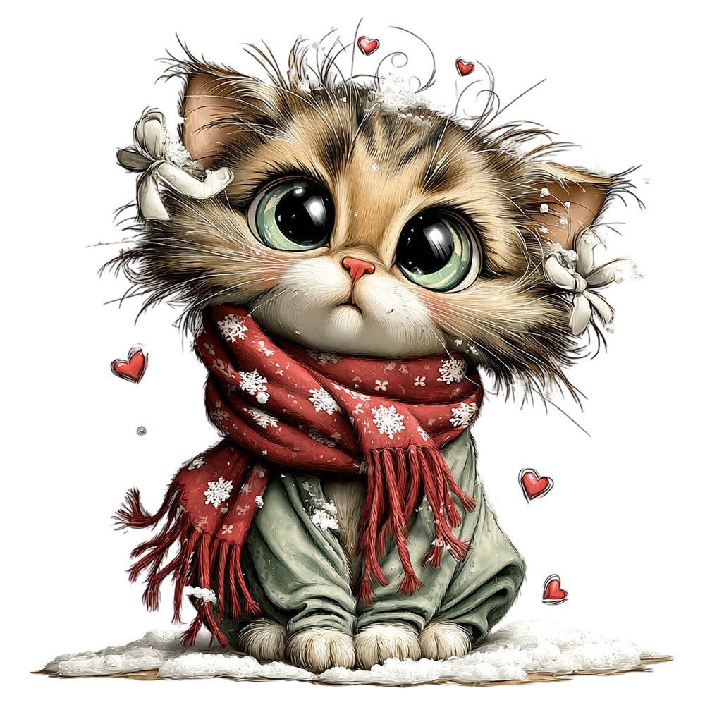 cute cat, fluffy cat, kitten, animal, whimsical, festive, holiday, winter, christmas, red scarf, snowflakes, hearts, love, sweet, adorable, children's, baby, playful, illustration, woodland, cream, tan, brown, forest green, red, winter theme, seasonal, decorative, gift-giving, cheerful