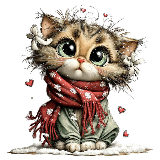 cute cat, fluffy cat, kitten, animal, whimsical, festive, holiday, winter, christmas, red scarf, snowflakes, hearts, love, sweet, adorable, children's, baby, playful, illustration, woodland, cream, tan, brown, forest green, red, winter theme, seasonal, decorative, gift-giving, cheerful