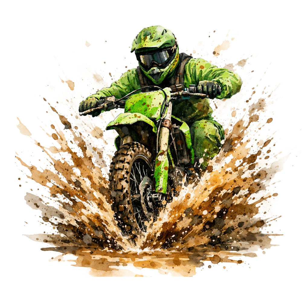 lime green, dirt bike, motocross, mud splatter, action sports, adventure, masculine, dynamic, energetic, watercolor splatter, brown earth tones, tan, khaki, black, bold splashes, extreme sports, off-road, adrenaline, modern, contemporary, abstract splatter, dirt bike rider, motorsports, sports themed, youth style, edgy, vibrant green, spray paint effect, dusty tones