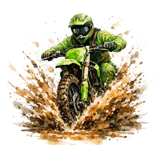 lime green, dirt bike, motocross, mud splatter, action sports, adventure, masculine, dynamic, energetic, watercolor splatter, brown earth tones, tan, khaki, black, bold splashes, extreme sports, off-road, adrenaline, modern, contemporary, abstract splatter, dirt bike rider, motorsports, sports themed, youth style, edgy, vibrant green, spray paint effect, dusty tones