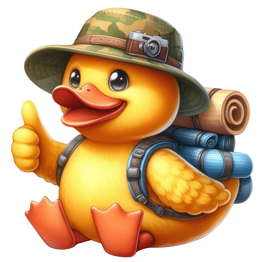 yellow duck, orange beak, adventure, explorer, safari hat, camouflage, travel theme, whimsical, cute animals, binoculars, camera, vintage explorer, adventure gear, happy character, thumbs up, children's fabric, playful style, nature adventure, khaki green, golden yellow, burnt orange, brown leather, blue accents, novelty print, character panel, kids quilt, wall hanging, nursery decor, fun theme, retro adventure