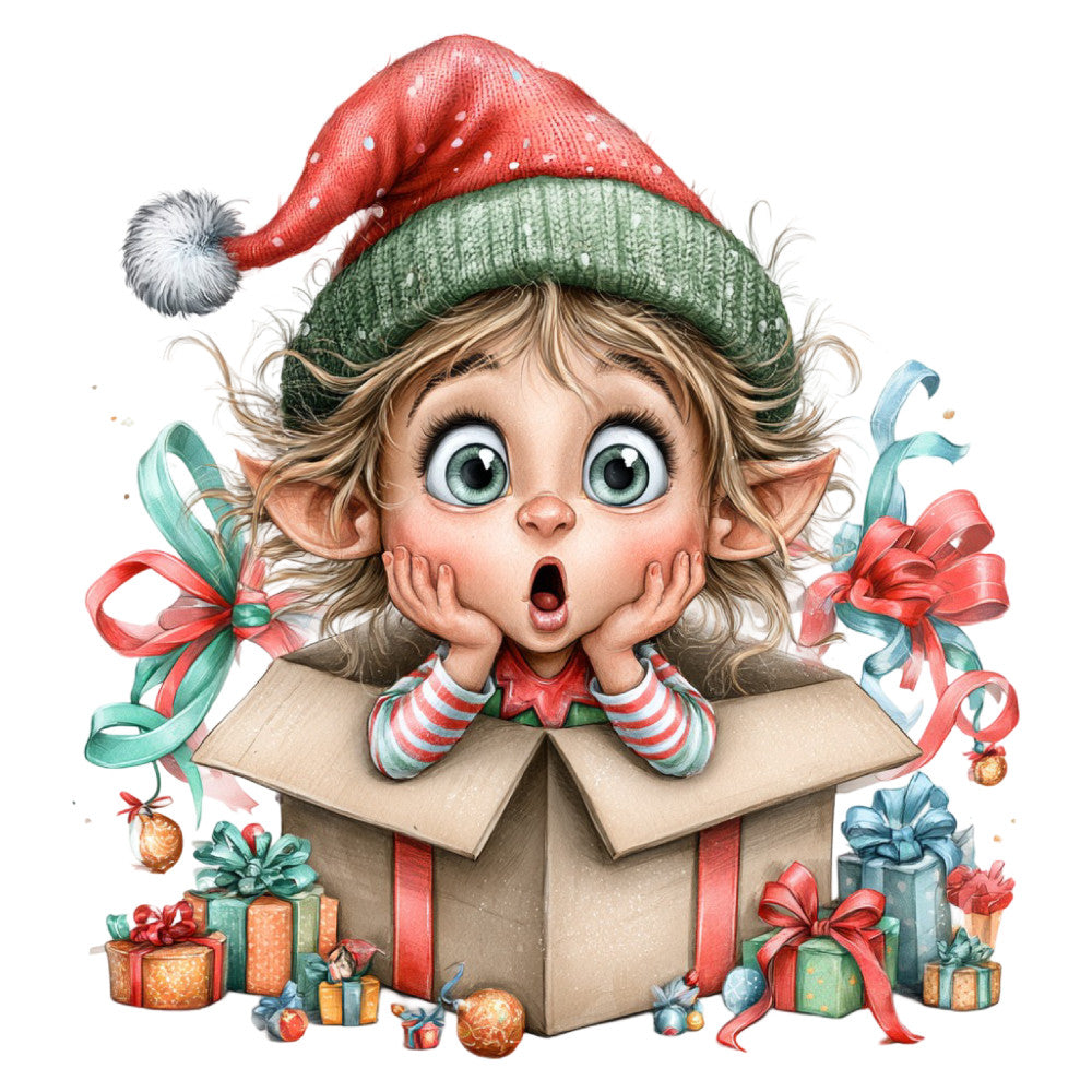 christmas elf, holiday, festive, whimsical, red and green, cream, striped socks, santa hat, gift box, presents, ribbons, bows, surprised expression, cute, children's, seasonal, christmas decorations, ornaments, magical, playful, traditional christmas, vintage christmas, character panel, novelty, dimensional, colorful, winter, joy, cheerful