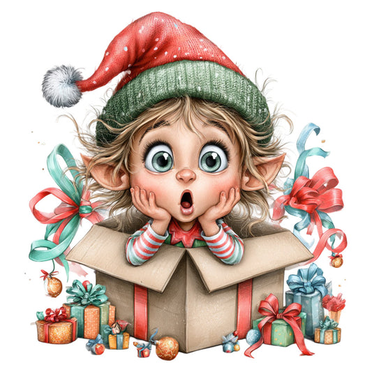 christmas elf, holiday, festive, whimsical, red and green, cream, striped socks, santa hat, gift box, presents, ribbons, bows, surprised expression, cute, children's, seasonal, christmas decorations, ornaments, magical, playful, traditional christmas, vintage christmas, character panel, novelty, dimensional, colorful, winter, joy, cheerful