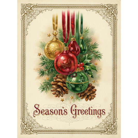 season's greetings, christmas, holiday, vintage, traditional, elegant, ornaments, gold, red, green, pine cones, evergreen, festive, decorative, stars, ribbons, victorian, classic, nostalgic, winter, celebration, baubles, metallic gold, deep red, forest green, botanical, ornamental, formal, timeless
