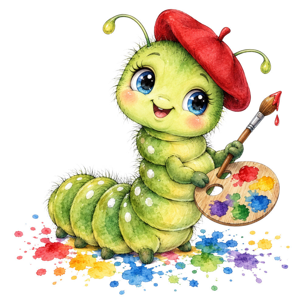 lime green, chartreuse, red, bright red, coral red, blue eyes, yellow, orange, purple, multi-color, watercolor, paint splatter, artistic, whimsical, cute, caterpillar, artist, creative, spring, children's, playful, cheerful, vibrant, nature-inspired, animal character, paintbrush, palette, fuzzy texture, spotted pattern, adorable
