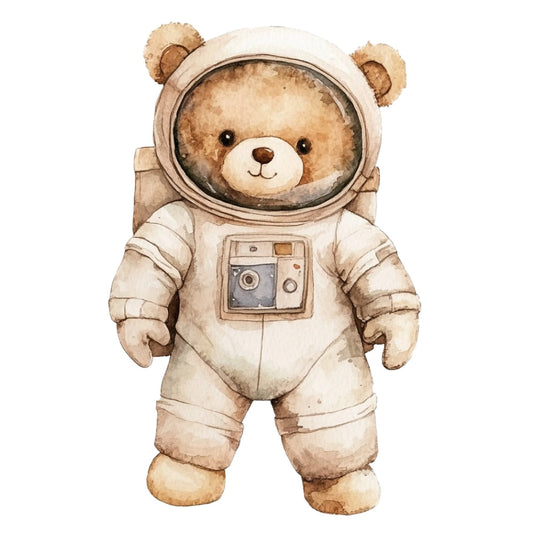 astronaut bear, teddy bear, space theme, astronaut, tan, beige, cream, brown, whimsical, cute, children's, baby, nursery, animal theme, vintage style, retro, explorer, adventure, space exploration, helmet, spacesuit, playful, illustration, watercolor style, storybook, gender neutral, toddler, kids bedding, wall art, home decor