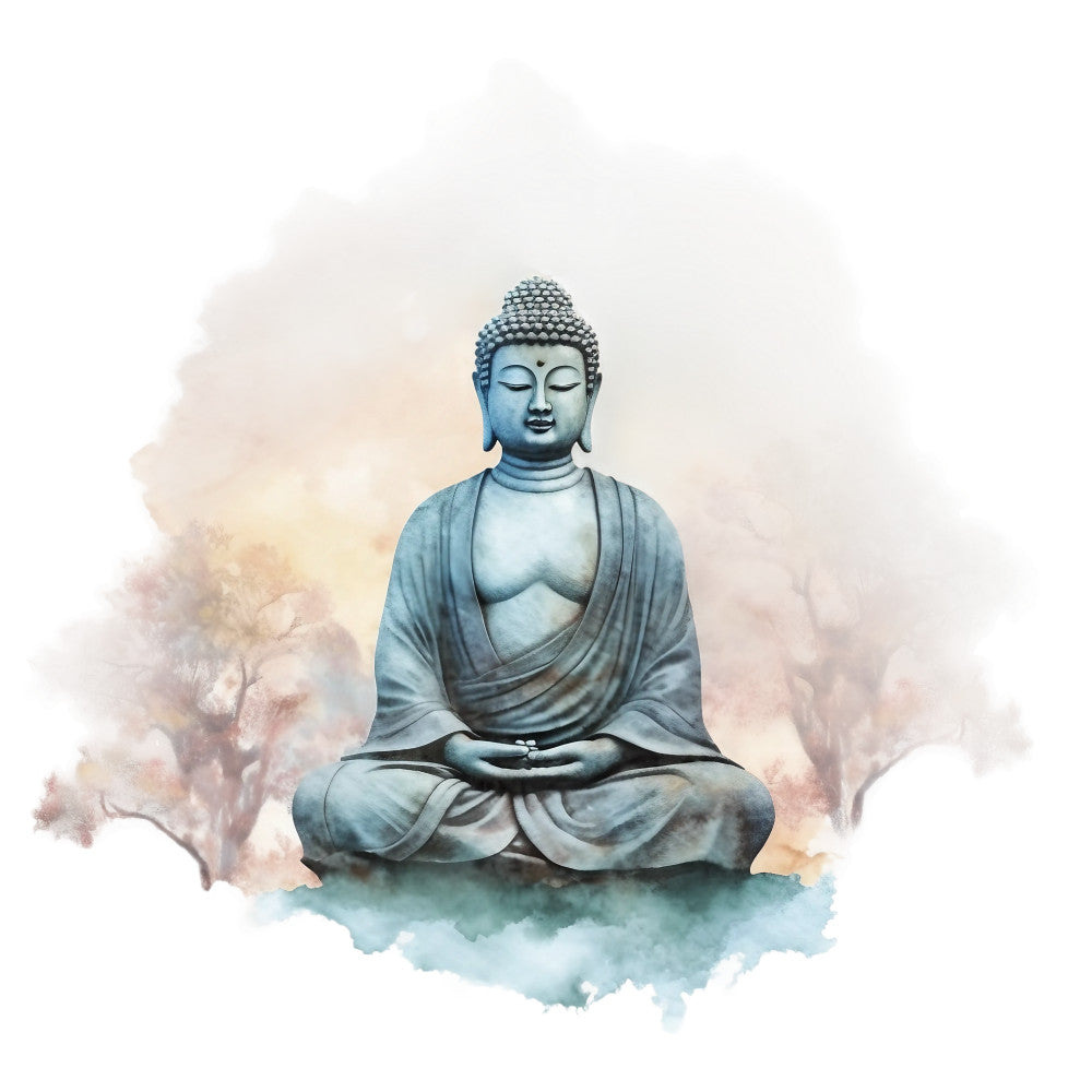 watercolor, buddha, meditation, serene, peaceful, blue, teal, brown, beige, cream, spiritual, zen, lotus position, fabric panel, quilting, cotton, asian inspired, tranquil, soft colors, religious figure, mindfulness, seated buddha, pastel tones, ethereal, contemplative